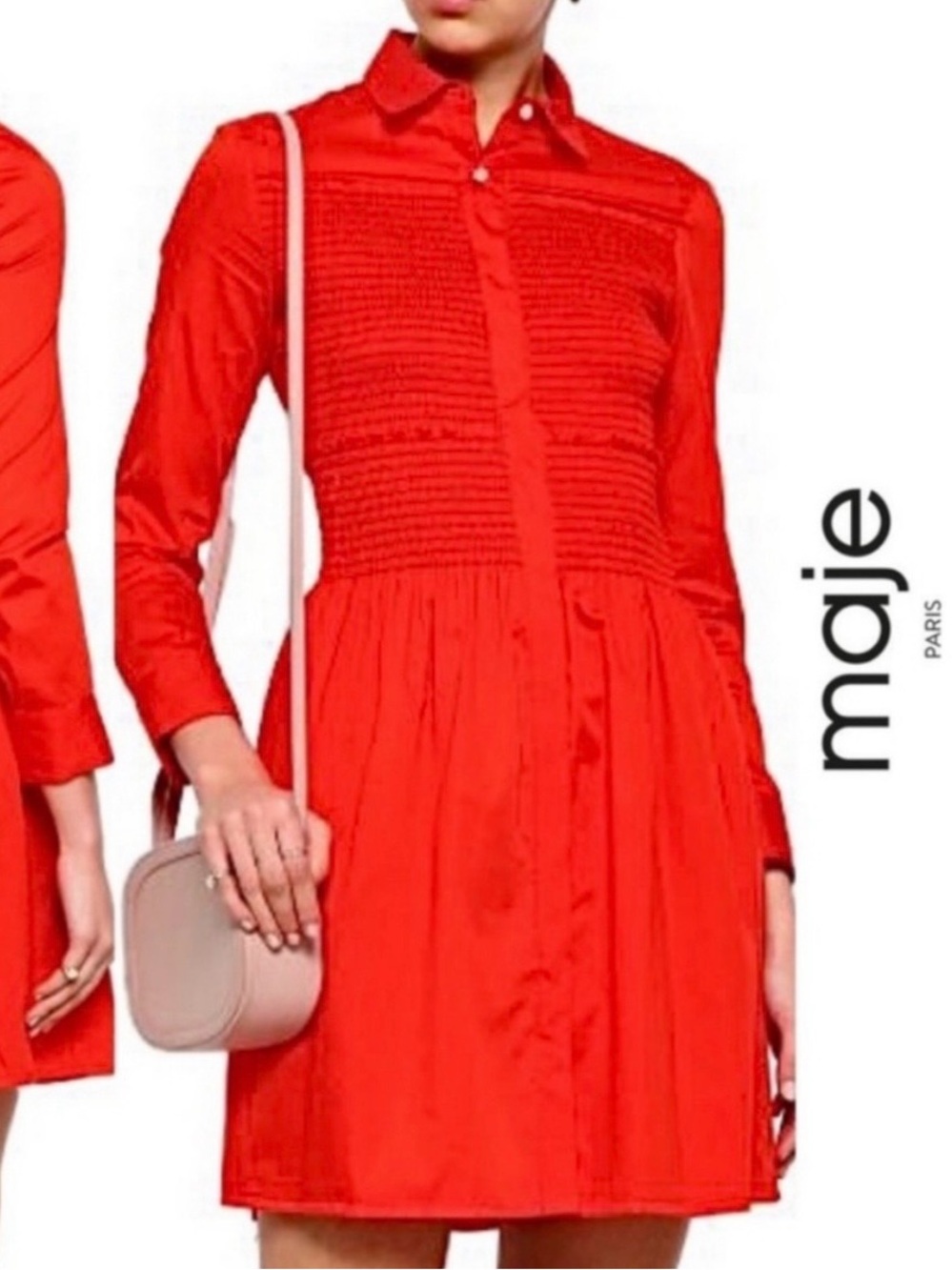 Maje Roumpa Red Smocked Shirt Dress size 1/ S